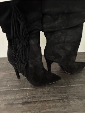 Aldo Black Suede Fringe Over-the-Knee Stiletto Boots